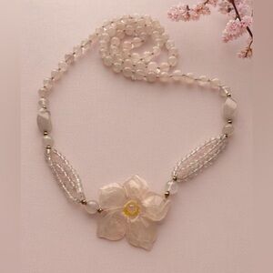 Artisan Crafted Carved Rose Quartz Flower Necklace with Rose Quartz Beads